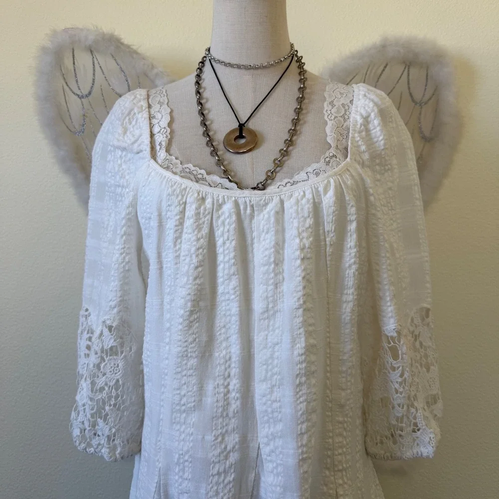 White Gauze Lace Dress Boho Peasant Square Neck Feminine Mori Girl Cottagecore‎